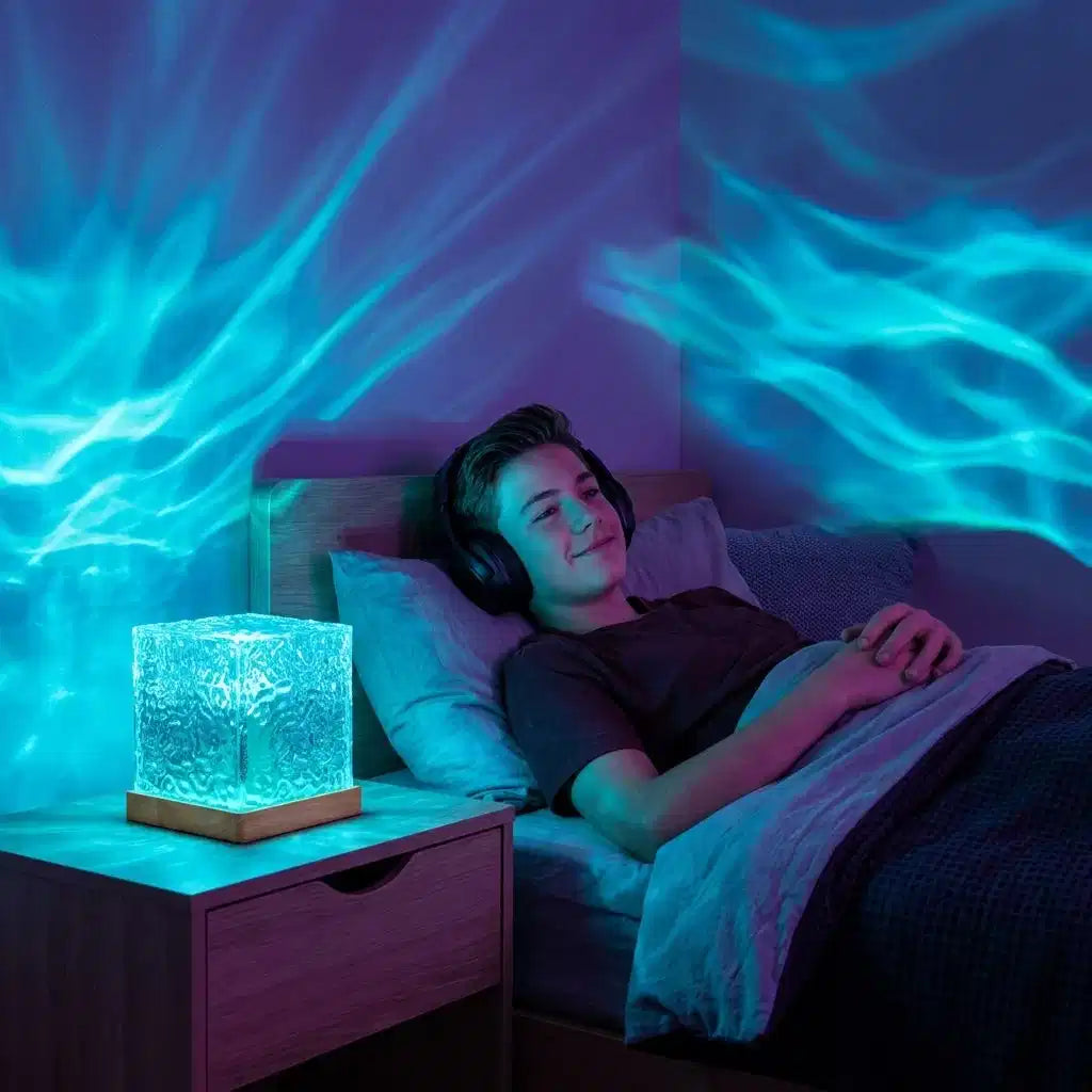 A minimalist Northern Lights bedroom lamp by Arenzza illuminating a cozy bedroom with soft, colorful ambient light.