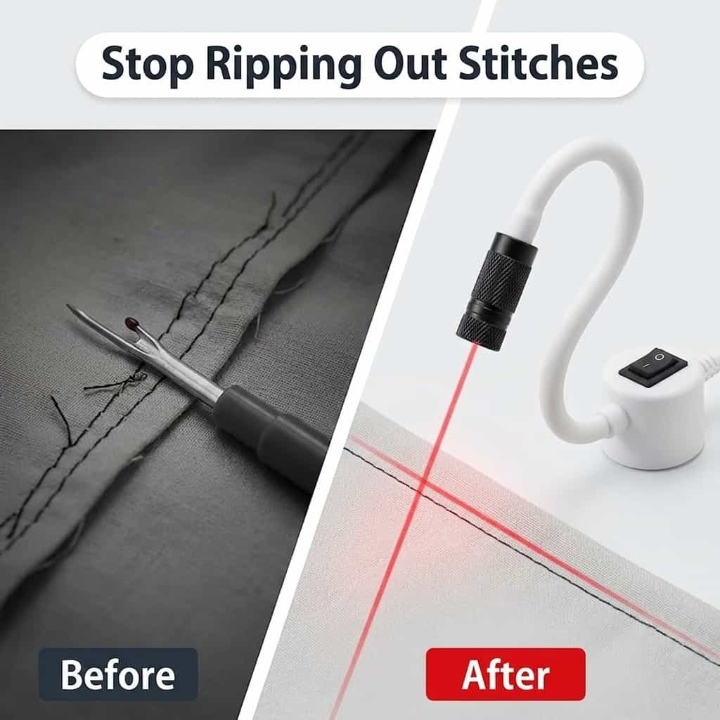 Arenzza magnetic sewing laser showing a split image of fabric with precise straight stitches before and after laser guidance.