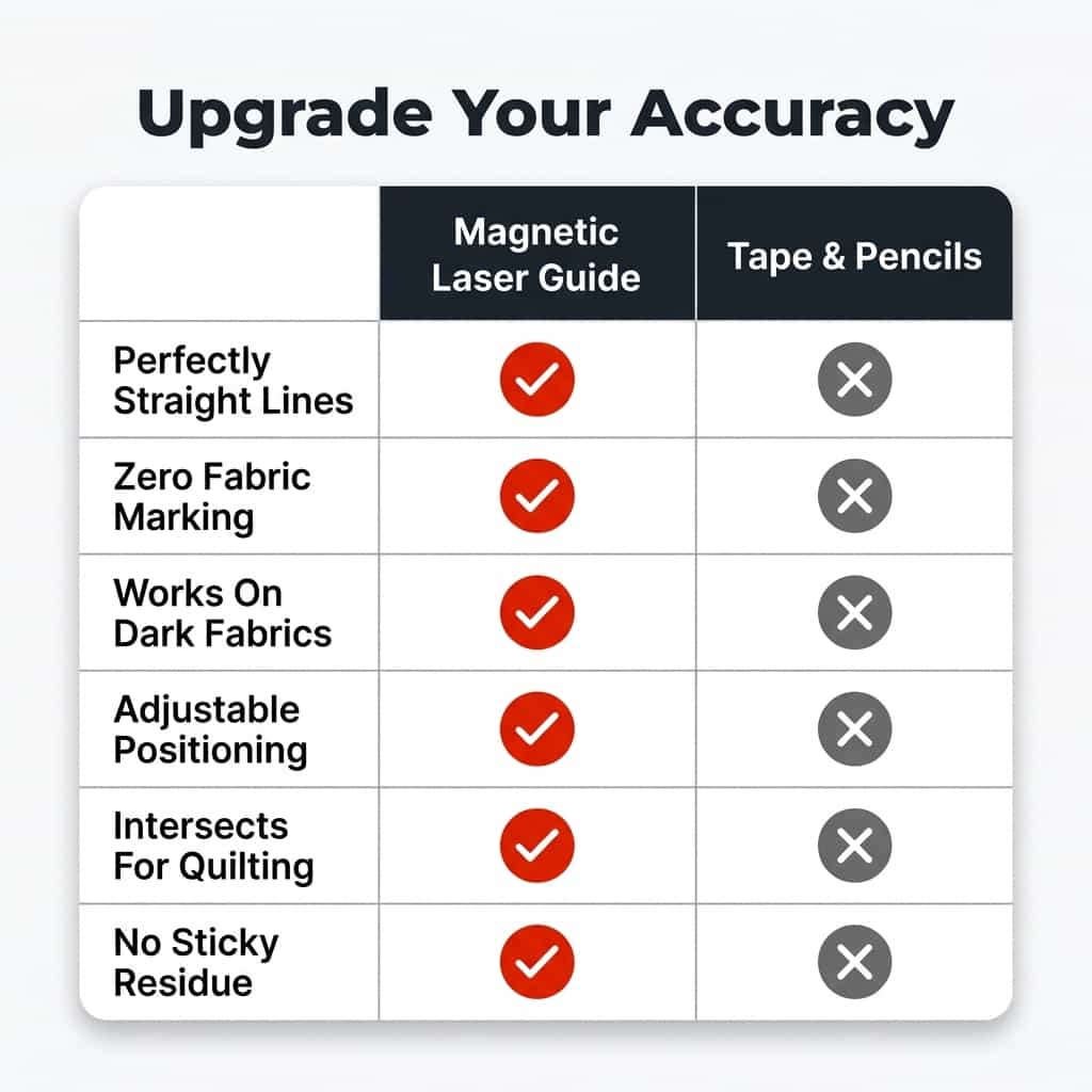 Arenzza Magnetic Sewing Laser comparison table showing features and benefits for precise straight stitches and sewing accuracy.