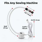 Aarenza Magnetic Sewing Laser device with a 7-dimension size diagram showing laser alignment for precise straight stitches.