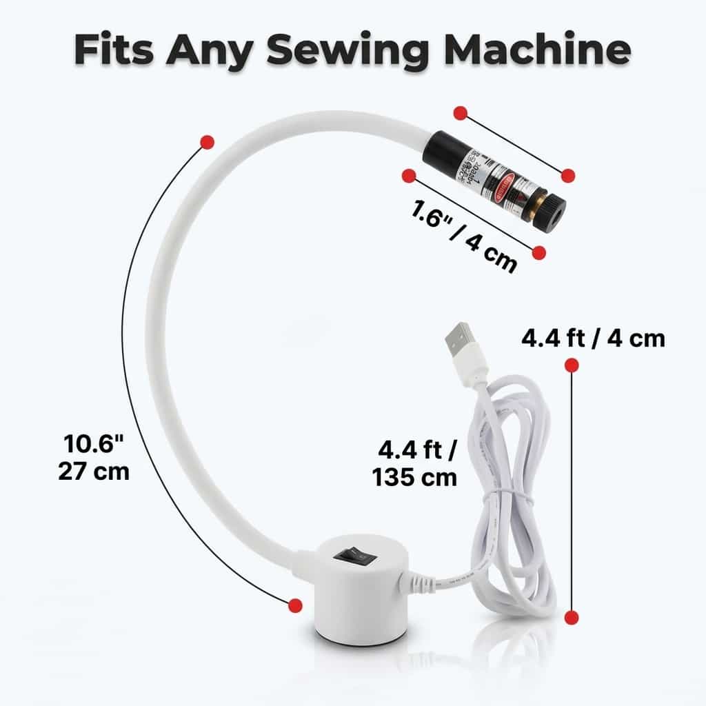 Aarenza Magnetic Sewing Laser device with a 7-dimension size diagram showing laser alignment for precise straight stitches.