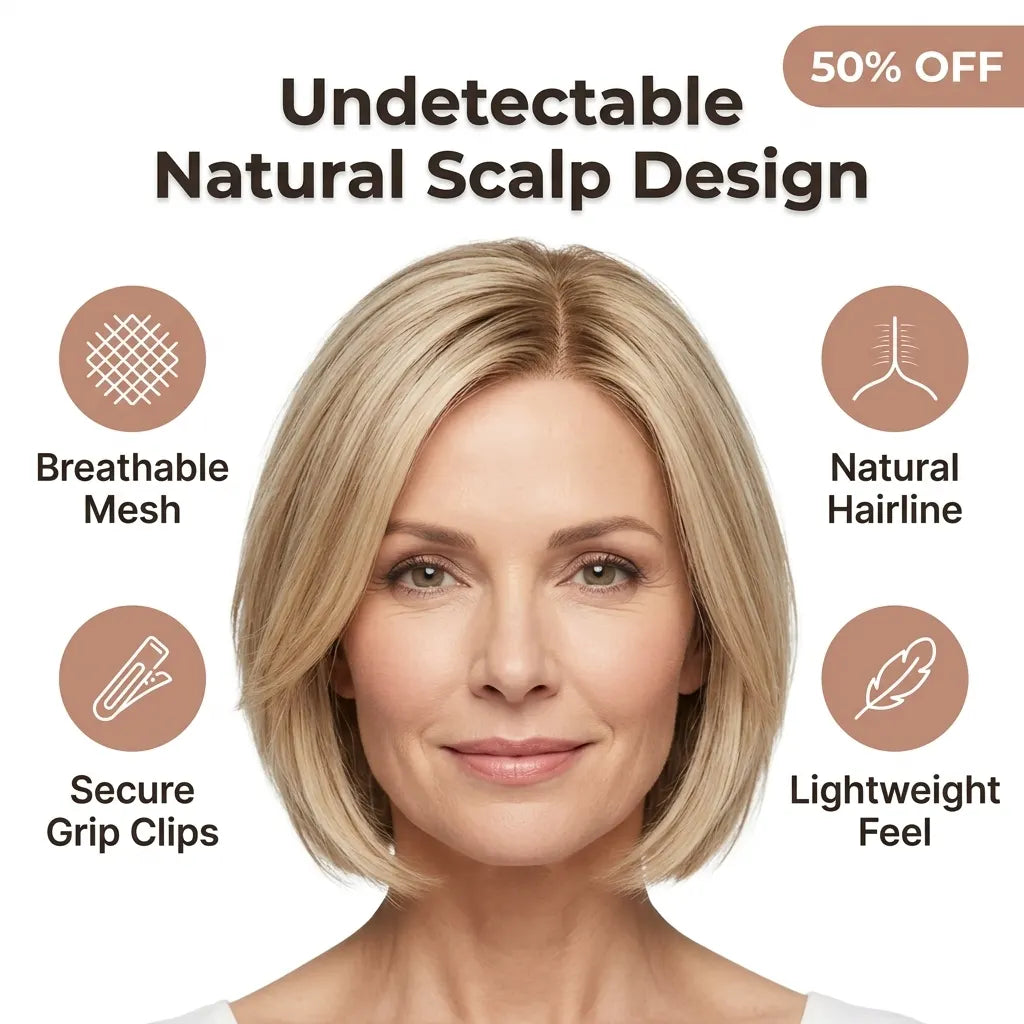 A seamless Arenzza hair topper clip showing instant volume with natural hair coverage and secure attachment.