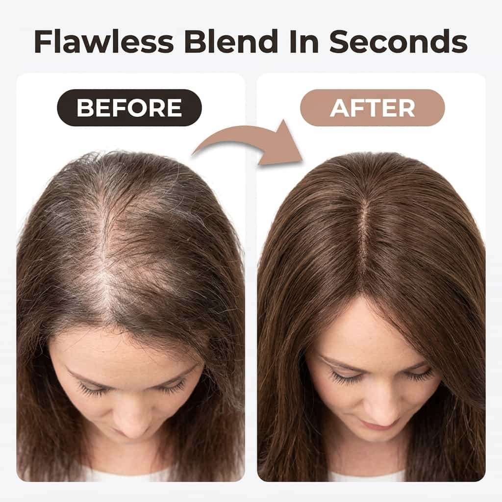 Arenzza seamless hair topper clip showing before and after images for instant volume and natural look on hair.