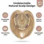 A seamless Arenzza hair topper clip with instant volume, showing the lightweight, natural-looking hairpiece attached to the scalp.