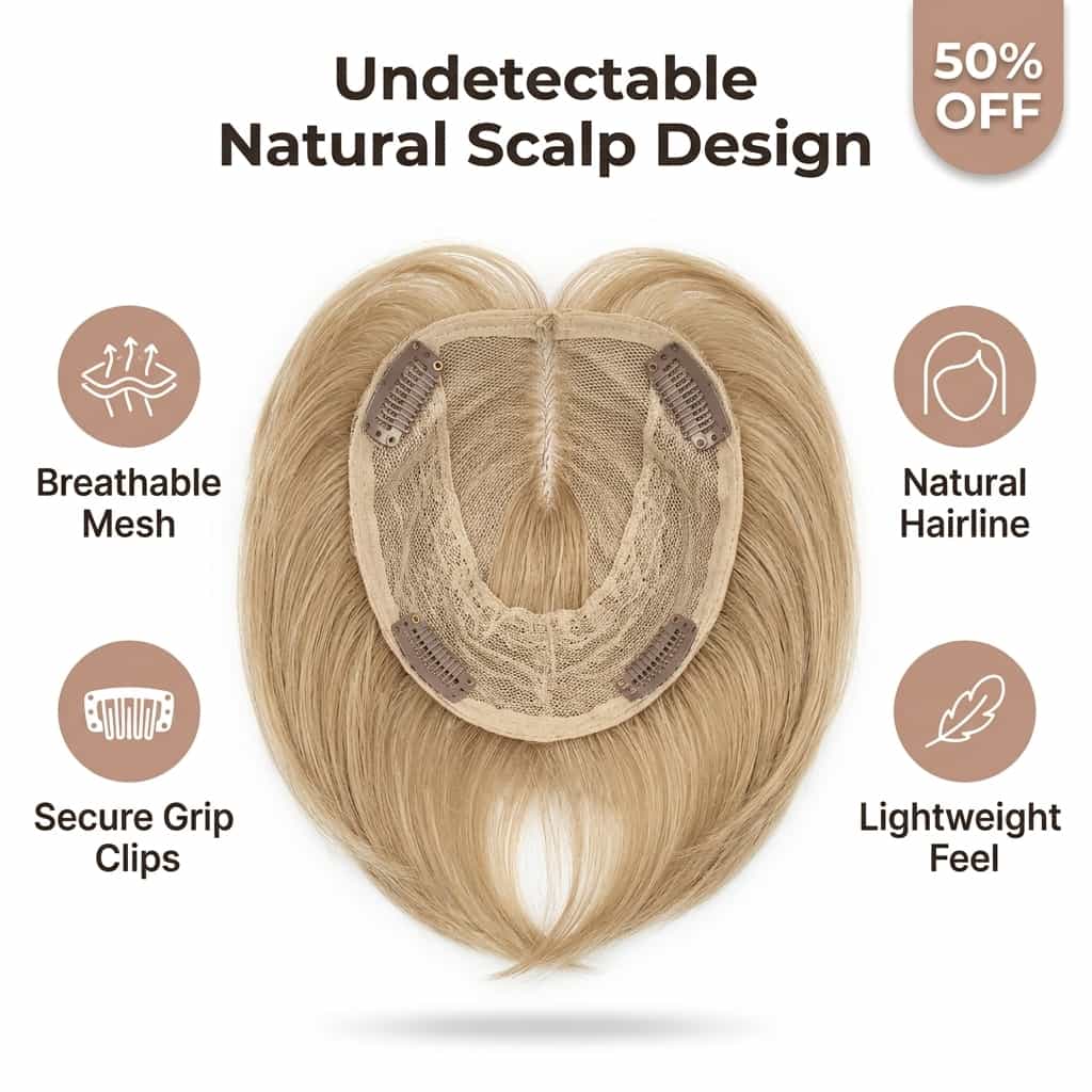 A seamless Arenzza hair topper clip with instant volume, showing the lightweight, natural-looking hairpiece attached to the scalp.