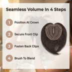 Aarenzza seamless hair topper clip showing four steps for adding instant volume to hair, with close-up images of application process.