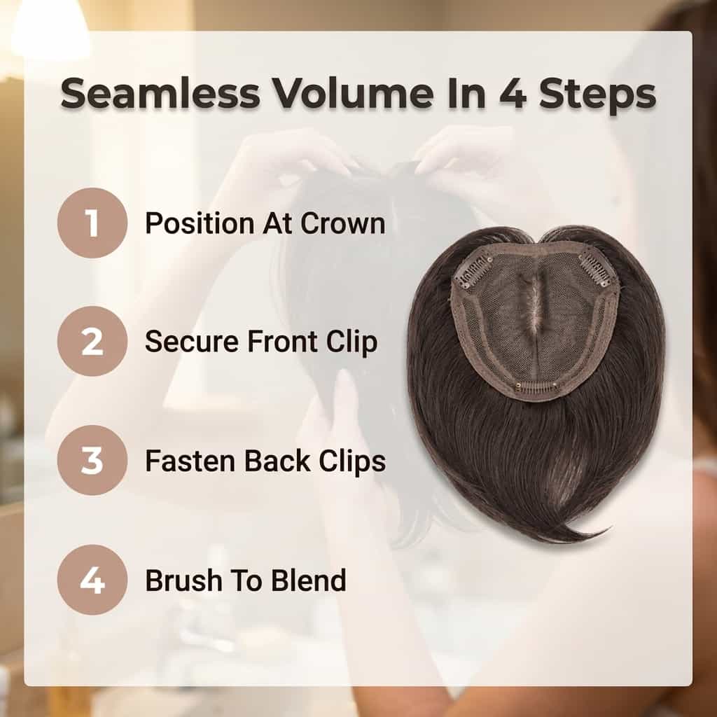 Aarenzza seamless hair topper clip showing four steps for adding instant volume to hair, with close-up images of application process.