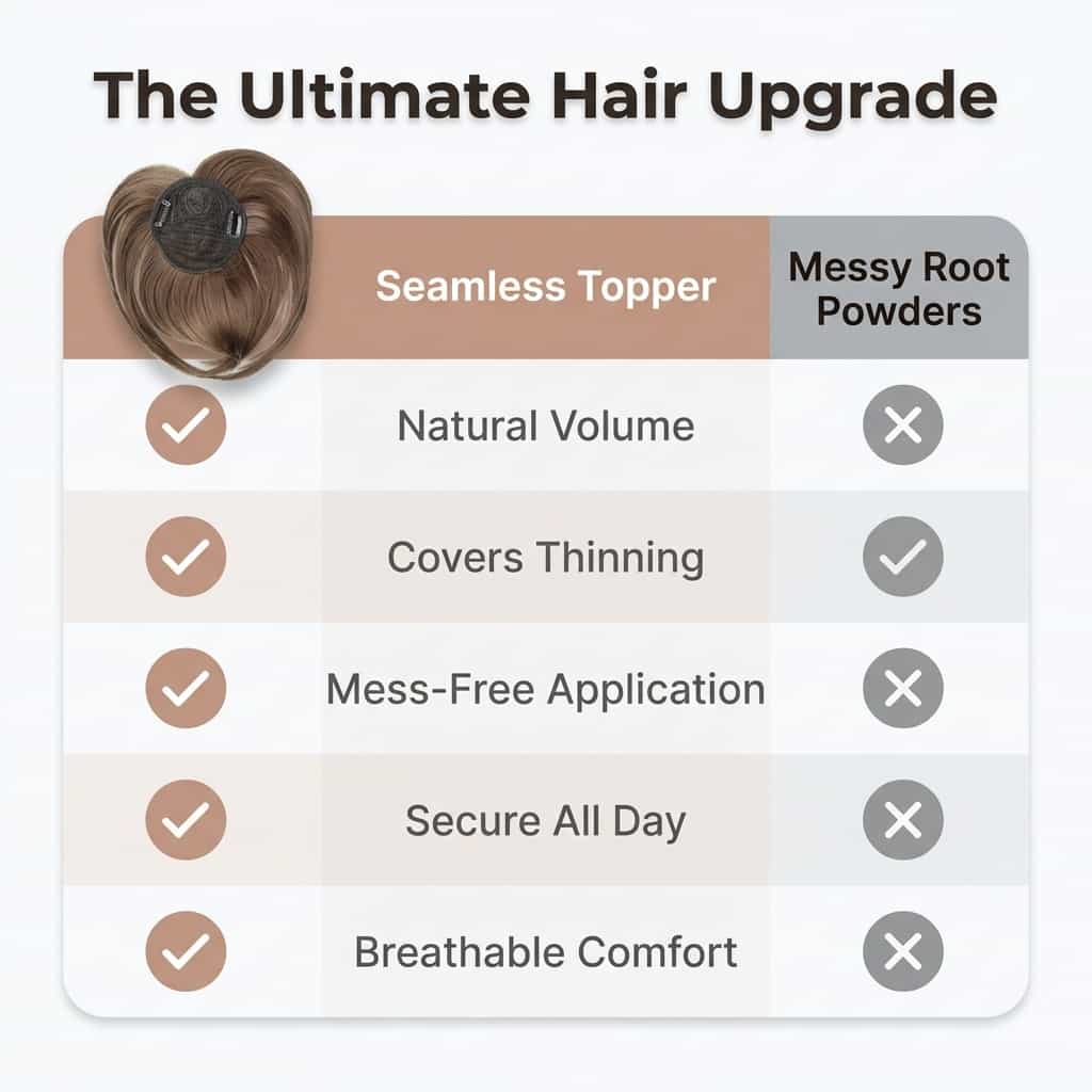 A comparison table showing six different seamless Arenzza hair topper clip styles for instant volume and natural look.