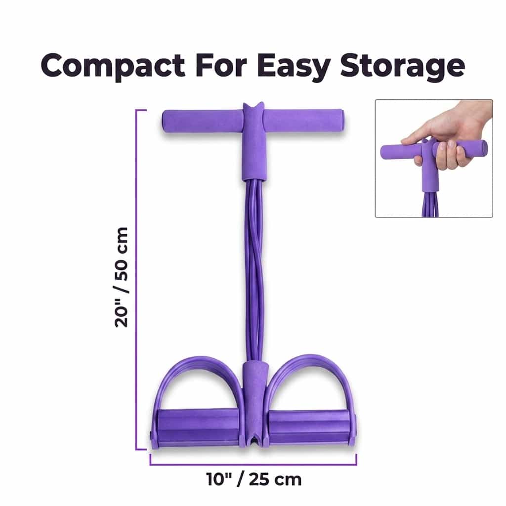 Diagram of the Arenzza EasyFit™ Full-Body Resistance Trainer showing its 8 adjustable dimensions and size options.