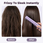 A woman with sleek, frizz-free hair showing before and after results using Arenzza EasyStraight™ hair straightening tool.
