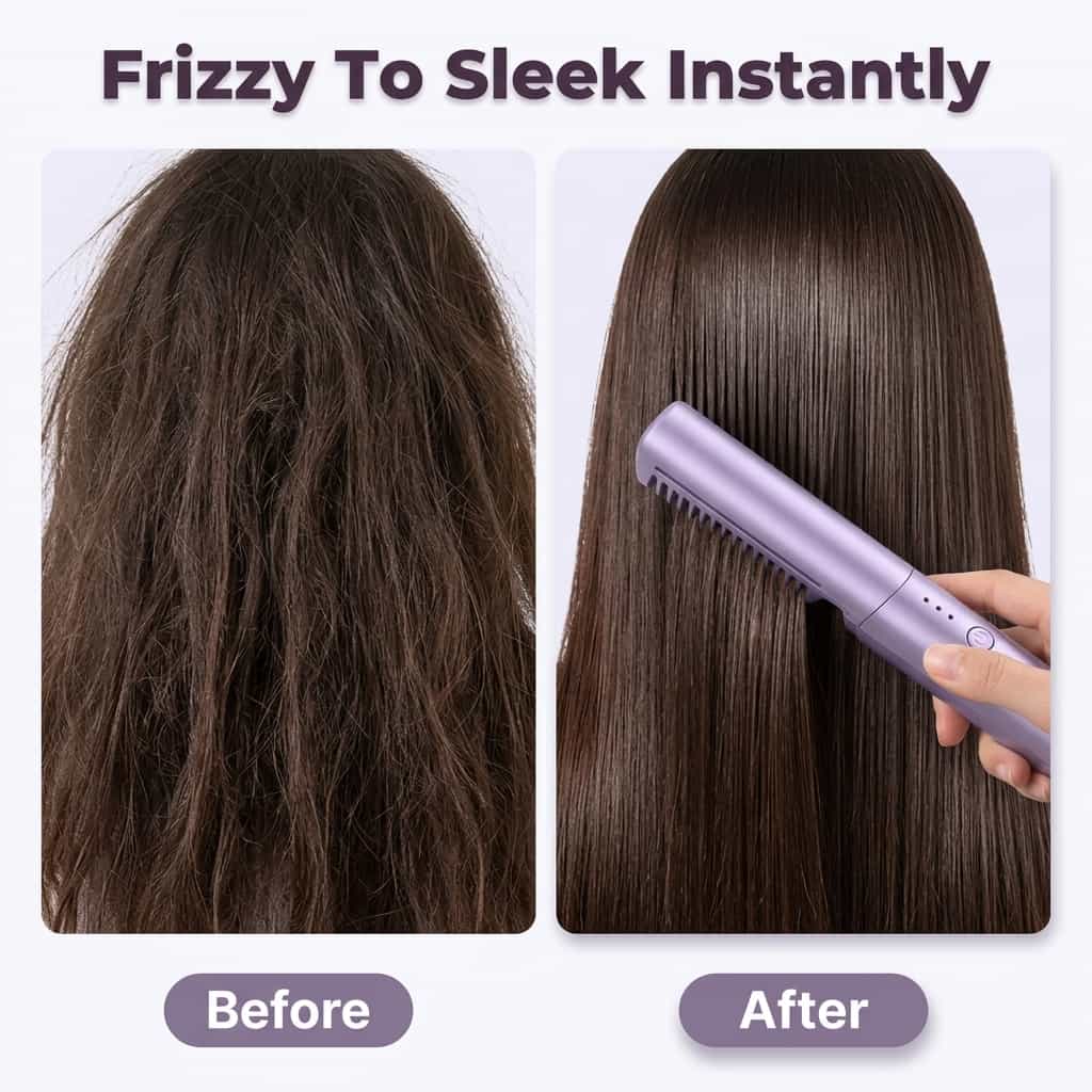 A woman with sleek, frizz-free hair showing before and after results using Arenzza EasyStraight™ hair straightening tool.