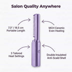 Illustration of Arenzza EasyStraight™ hair straightener highlighting six key benefits with arrows and callouts.