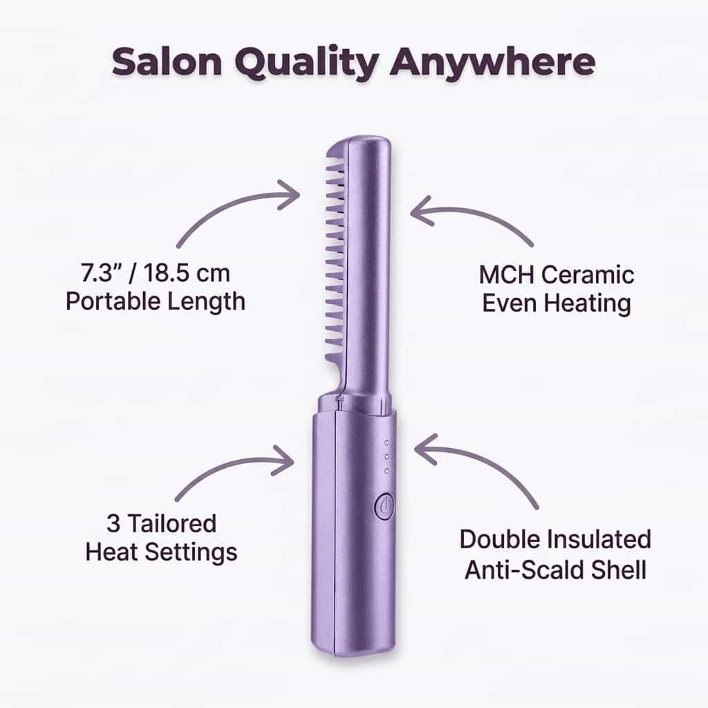 Illustration of Arenzza EasyStraight™ hair straightener highlighting six key benefits with arrows and callouts.