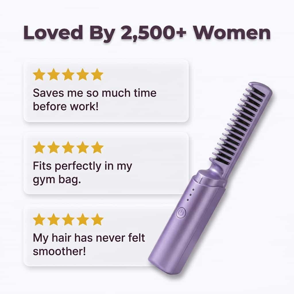 A woman with smooth, sleek, frizz-free hair using the Arenzza EasyStraight™ hair styling tool for perfect, portable hair styling.