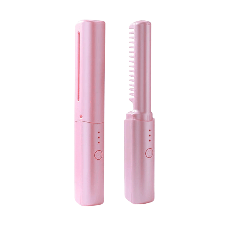 Aarenza EasyStraight™ portable hair straightener with black and silver design, compact for easy styling on the go.
