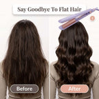 A woman with smooth, salon-quality French curls styled with the Arenzza SmoothCurl™ curling iron, showing before and after hair transformation.