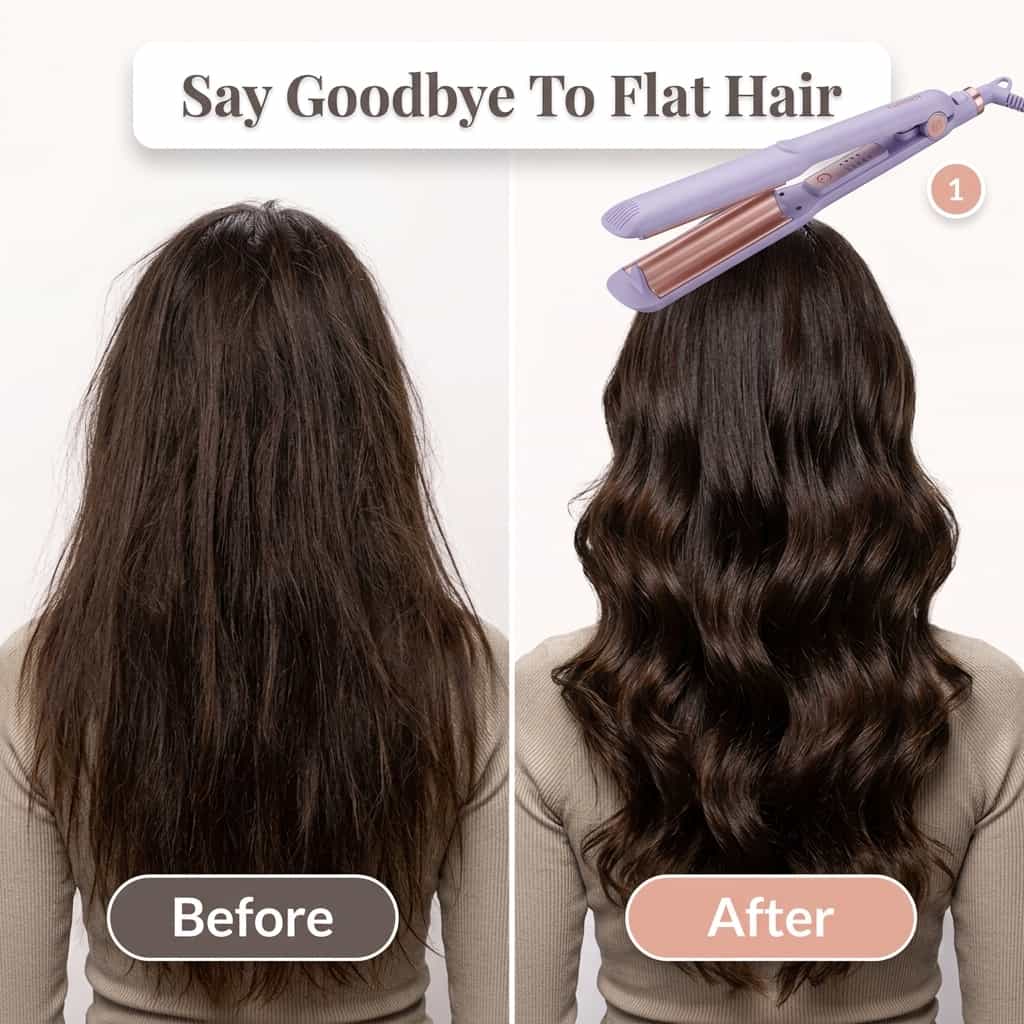 A woman with smooth, salon-quality French curls styled with the Arenzza SmoothCurl™ curling iron, showing before and after hair transformation.