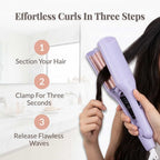 A woman demonstrating four steps to create salon-quality French curls using the Arenzza SmoothCurl™ curling iron.