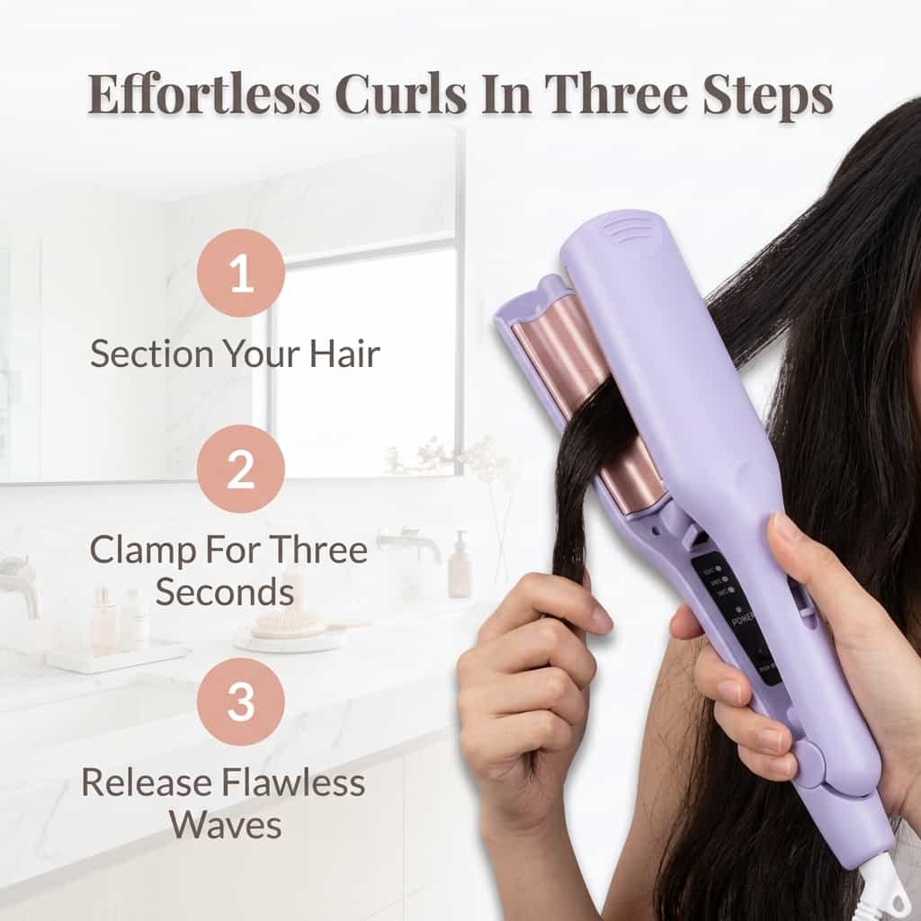 A woman demonstrating four steps to create salon-quality French curls using the Arenzza SmoothCurl™ curling iron.