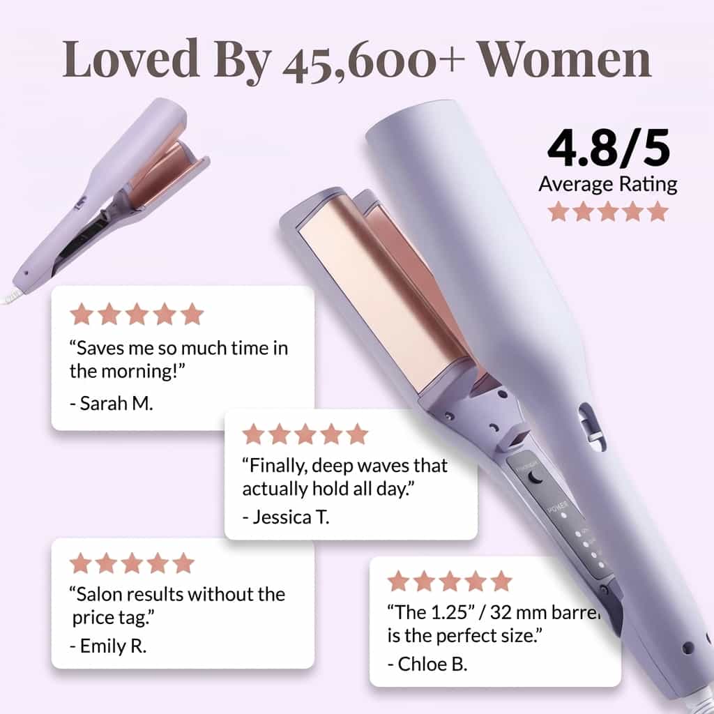 A woman with smooth, salon-quality French curls using Arenzza SmoothCurl™ styling tool on her hair.