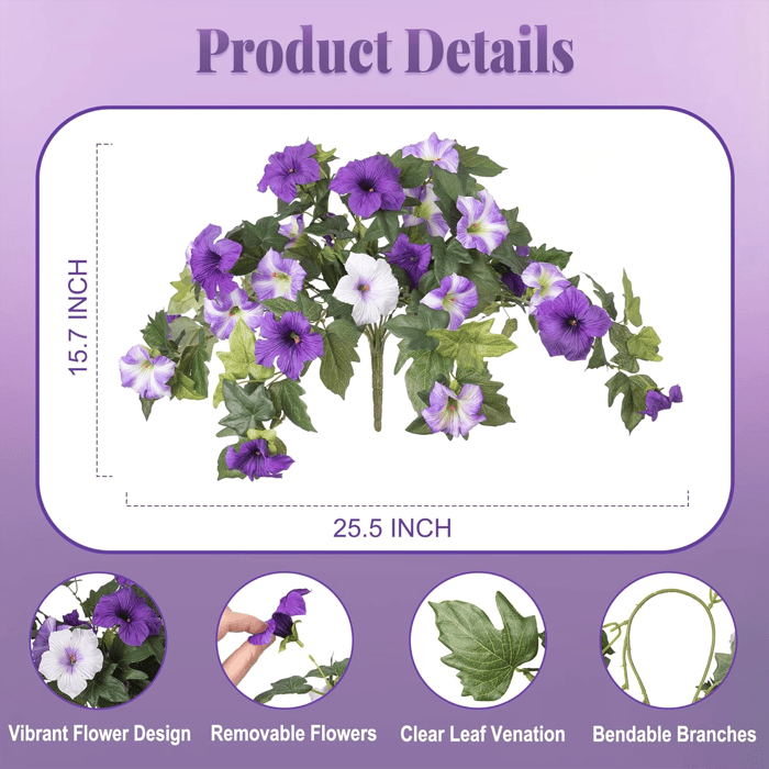 Colorful, weatherproof artificial petunias by Arenzza displayed in a vibrant floral arrangement for outdoor decor.