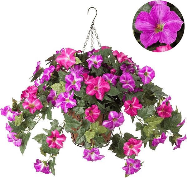 Colorful artificial petunias by Arenzza, weatherproof floral display with vibrant, lifelike flowers for outdoor or indoor decor.