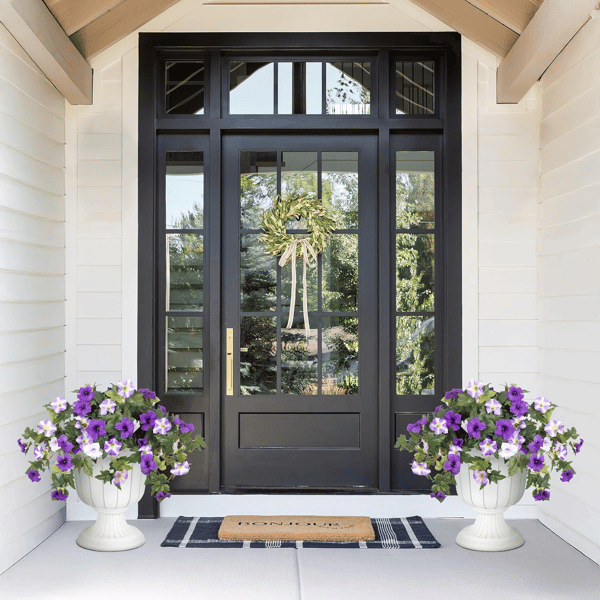 Lifelike artificial petunias by Arenzza, weatherproof floral display with vibrant purple and green blooms in a natural arrangement.