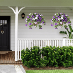 Lifelike Arenzza artificial petunias in a weatherproof floral display, showcasing vibrant purple and green faux flowers.