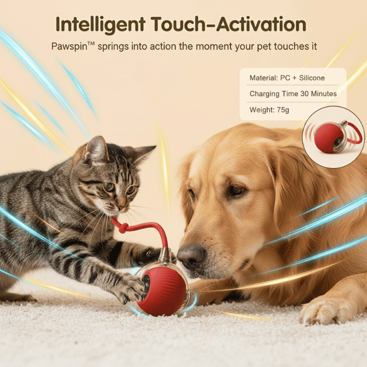 Aarenza PawSpin™ Smart Interactive Rolling Ball for Cats and Dogs, colorful plastic toy designed for pet play and entertainment.