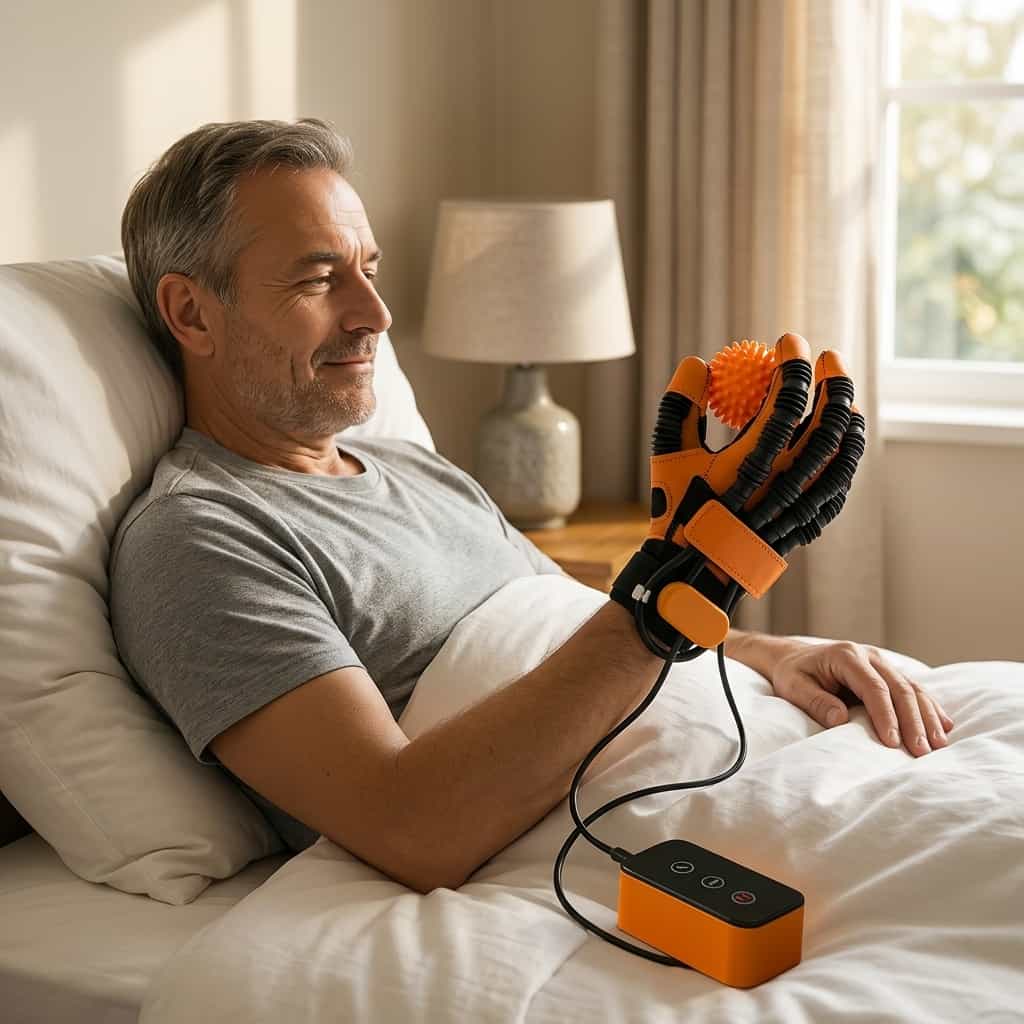 Aarenzza automatic hand exerciser used for targeted therapy, with a person gripping the device to improve hand flexibility and reduce stiffness.