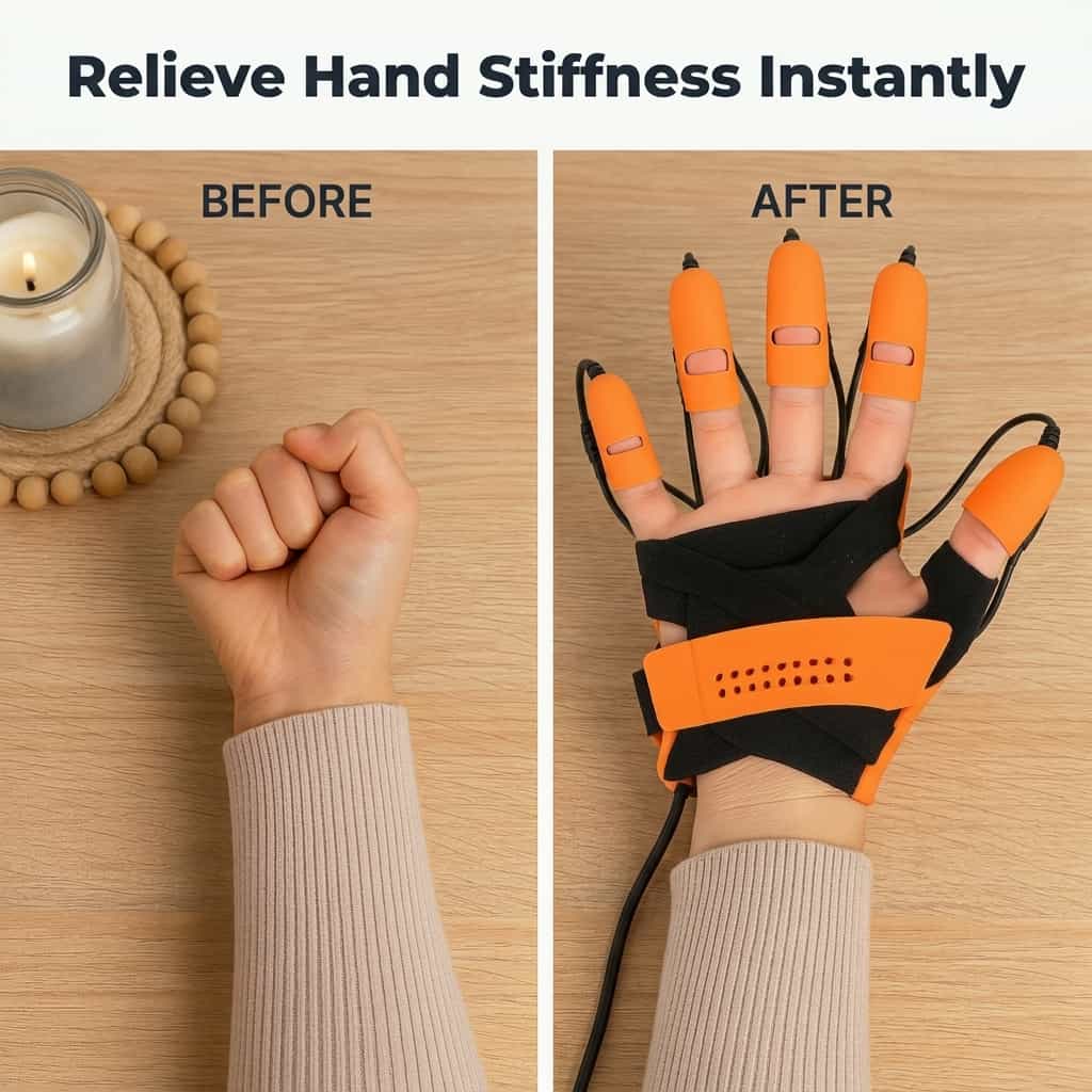 Arenzza automatic hand exerciser showing before and after images demonstrating improved finger flexibility and reduced stiffness.