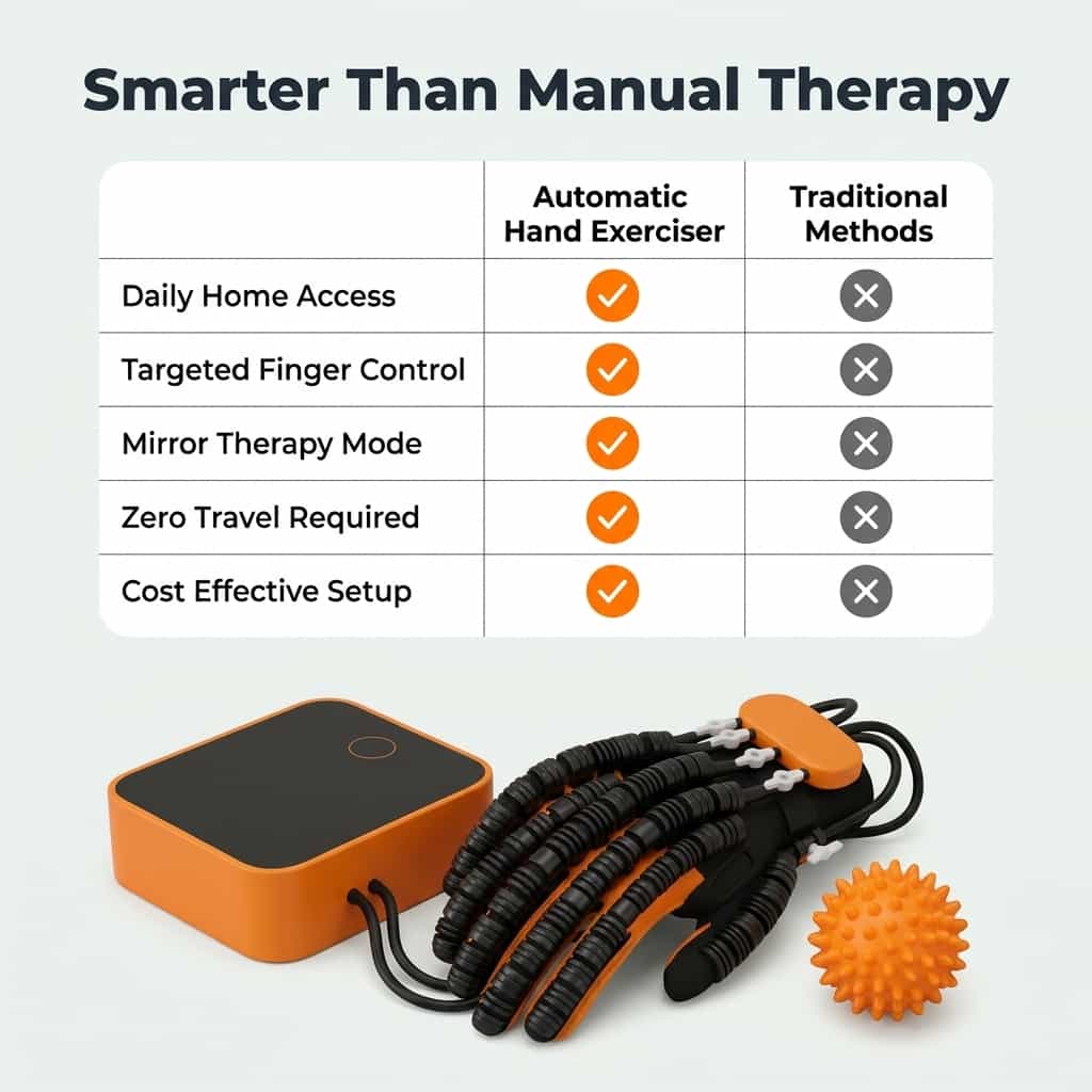 Arenzza automatic hand exerciser gloves for targeted therapy, showing different exercise modes in a comparison table.