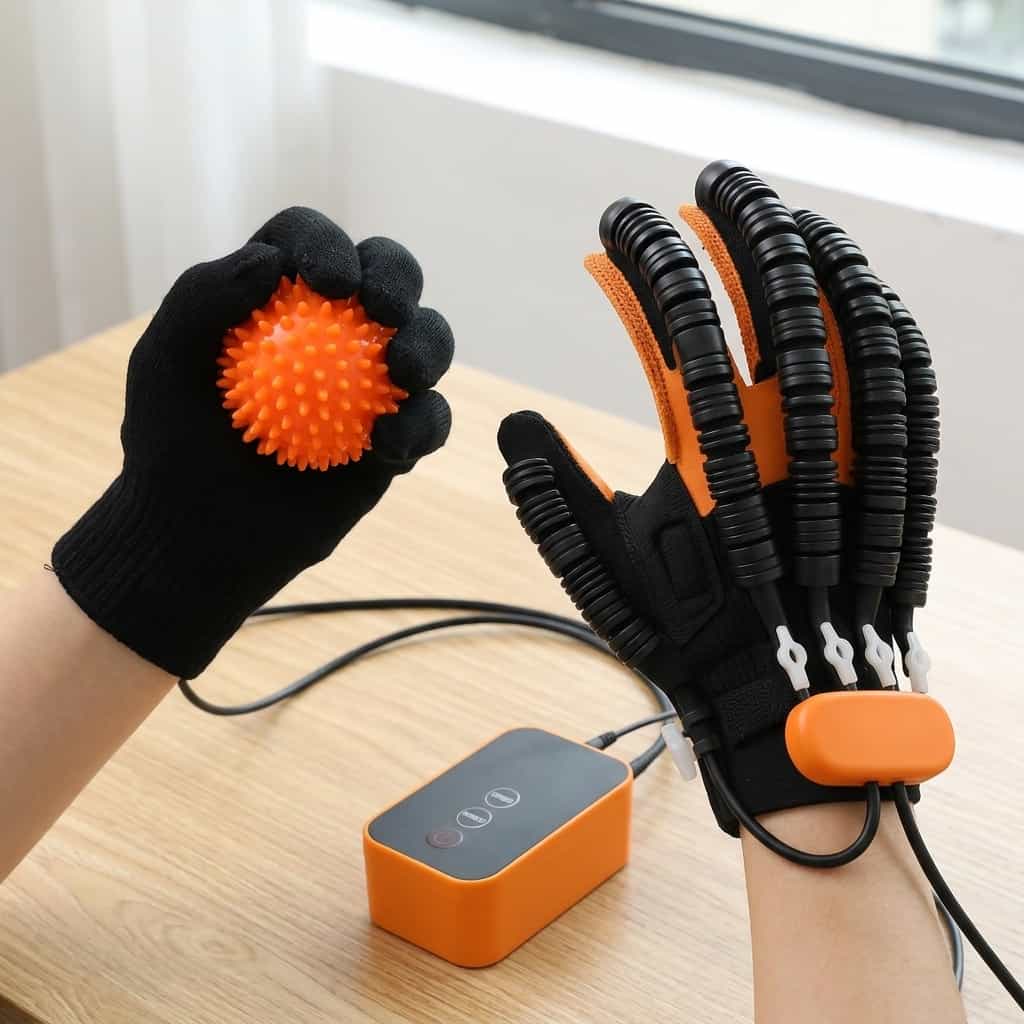 Arenzza automatic hand exerciser gloves for targeted therapy, shown being used for effortless hand stretching and strengthening.