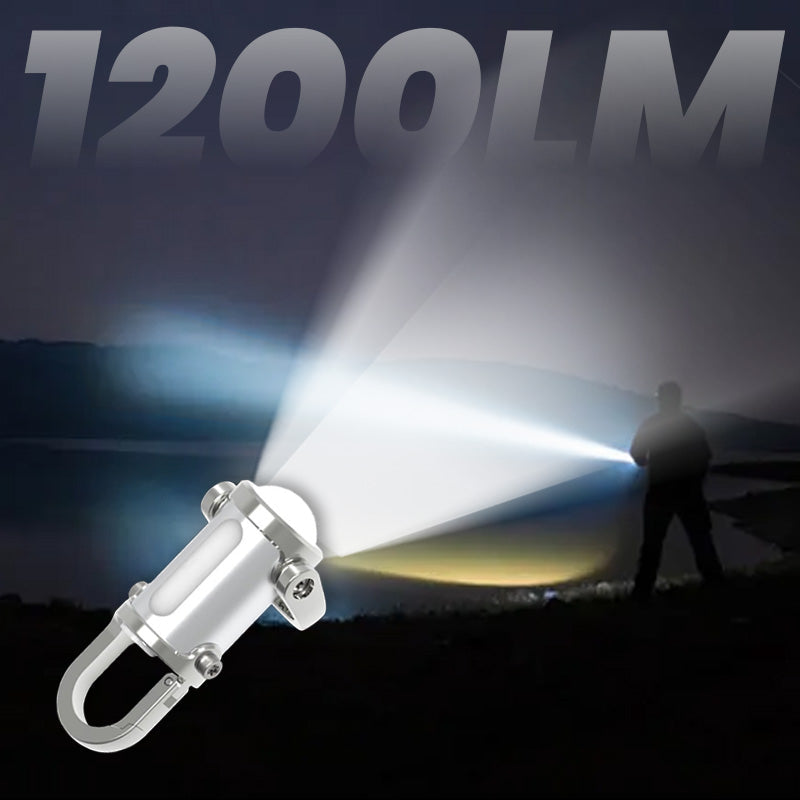 Arenzza Selleasy mini keychain flashlight with 1200 lumens, waterproof and compact, shown with its bright LED light.