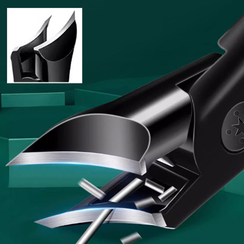 Arenzza Selleasy wide mouth angled nail clippers with anti-splash design and heavy-duty construction in a close-up view.