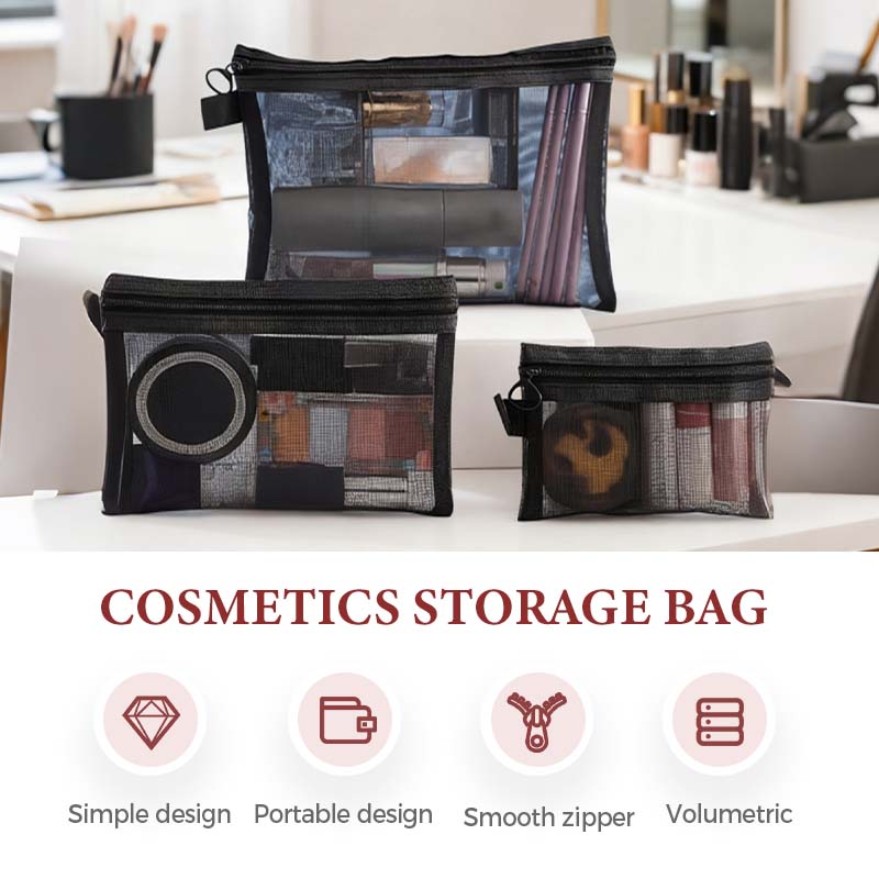 Arenzza Selleasy portable mesh cosmetics storage bag with multiple compartments for organizing makeup and skincare products.
