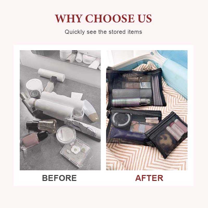 Arenzza Selleasy portable mesh cosmetics storage bag with multiple compartments for organizing makeup and beauty essentials.