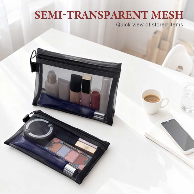 Arenzza Selleasy portable mesh cosmetics storage bag with multiple compartments for organizing makeup and beauty essentials.