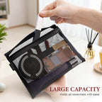 Arenzza Selleasy portable mesh cosmetics storage bag with multiple compartments for makeup and beauty essentials.
