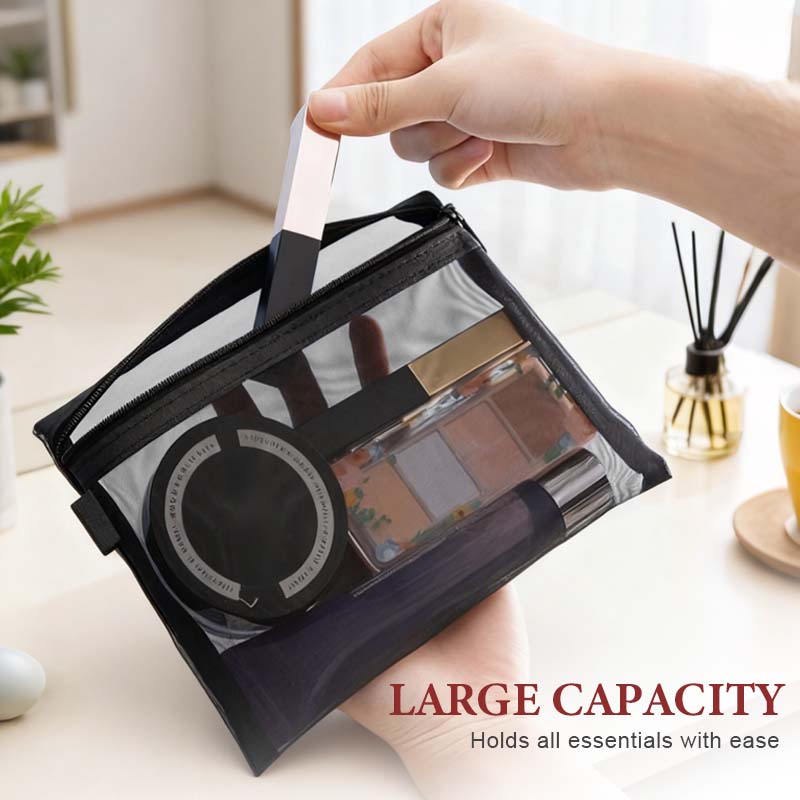 Arenzza Selleasy portable mesh cosmetics storage bag with multiple compartments for makeup and beauty essentials.