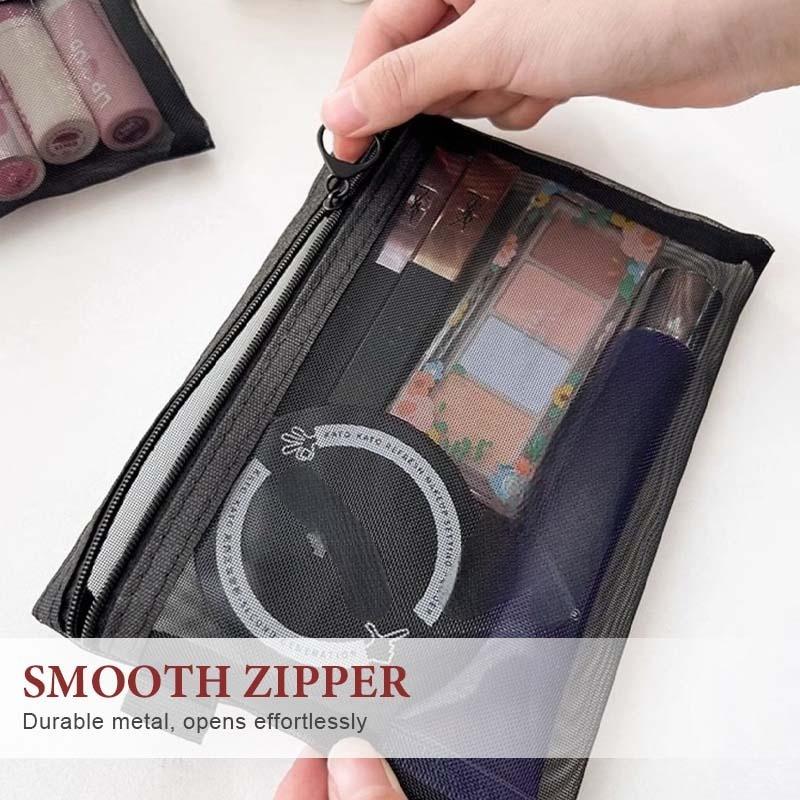 Arenzza Selleasy portable mesh cosmetics storage bag with multiple compartments for organizing beauty products.