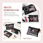 Arenzza Selleasy portable mesh cosmetics storage bag with zip closure, ideal for organizing makeup and beauty products.