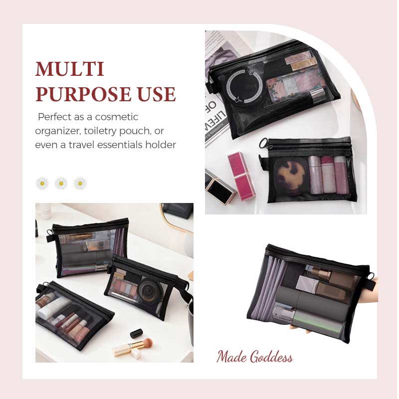 Arenzza Selleasy portable mesh cosmetics storage bag with zip closure, ideal for organizing makeup and beauty products.