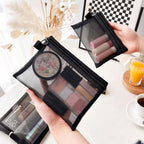 Arenzza Selleasy portable mesh cosmetics storage bag with multiple compartments, ideal for organizing beauty and skincare products.