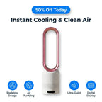 Arenzza AirCool™ air purifier removing dust and pollen from indoor air, with a sleek modern design and LED indicator lights.