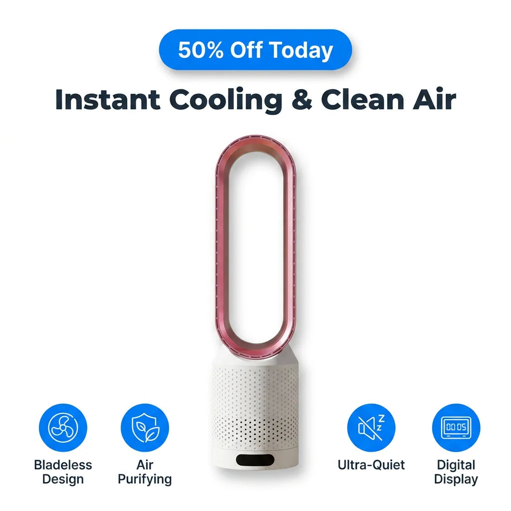Arenzza AirCool™ air purifier removing dust and pollen from indoor air, with a sleek modern design and LED indicator lights.