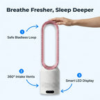 Arenzza AirCool™ air purifier with four benefit callouts highlighting dust and pollen removal for cleaner indoor air.
