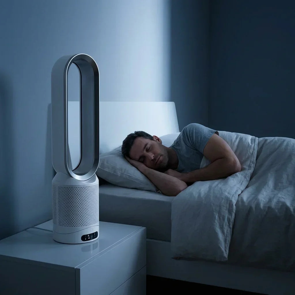 A person relaxing in a living room with an Arenzza AirCool™ air purifier, emphasizing clean, dust-free indoor air.
