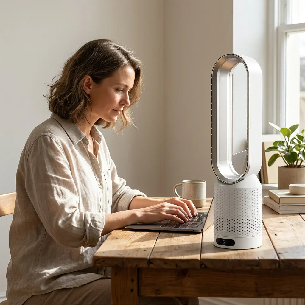 Aarenza AirCool™ air purifier removing dust and pollen from indoor air in a modern living room scene.