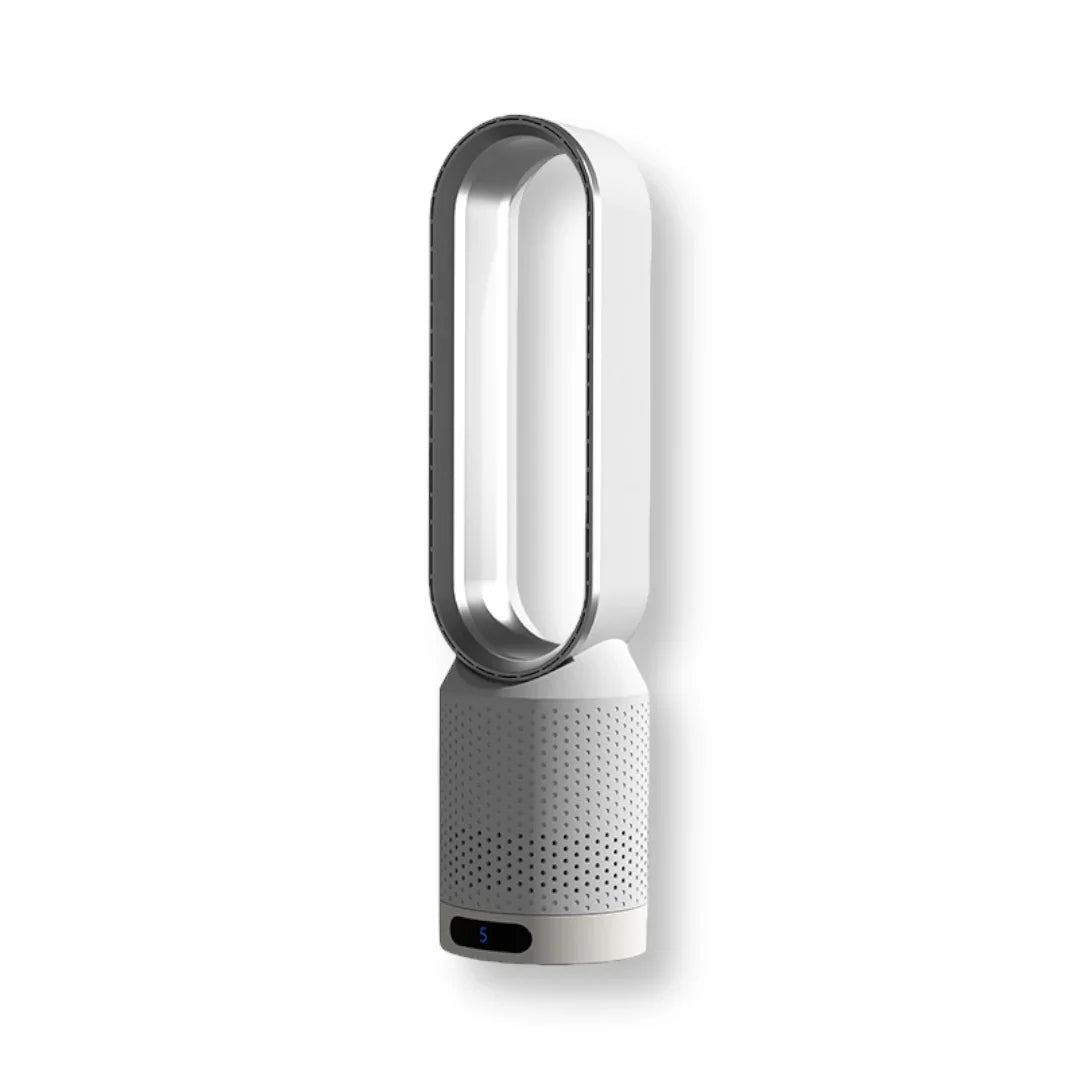 Arenzza AirCool™ indoor air purifier removing dust and pollen, with sleek design and filter visible in the image.